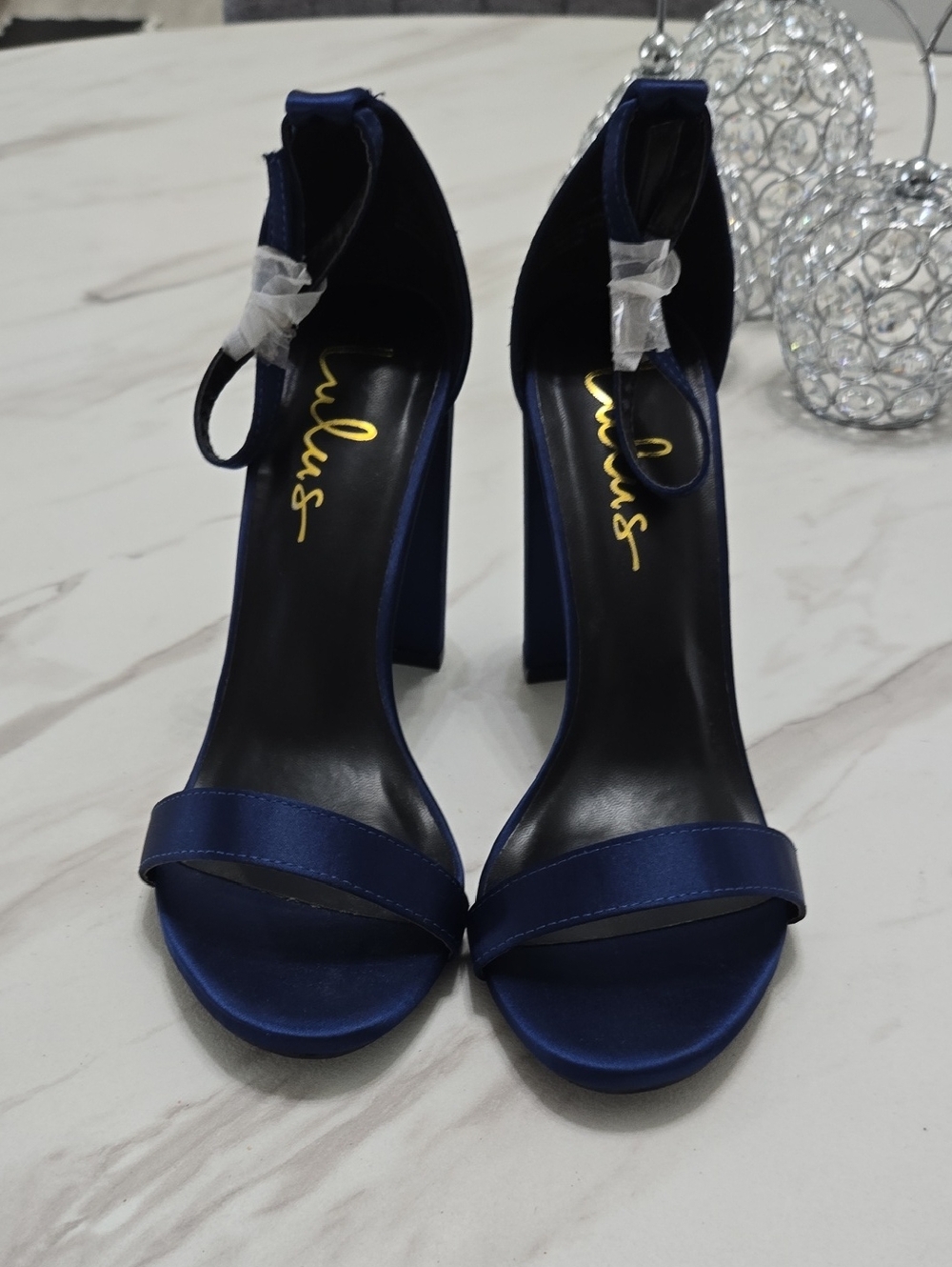 Lulu's Navy Satin Ankle-Strap Block Heel Sandals